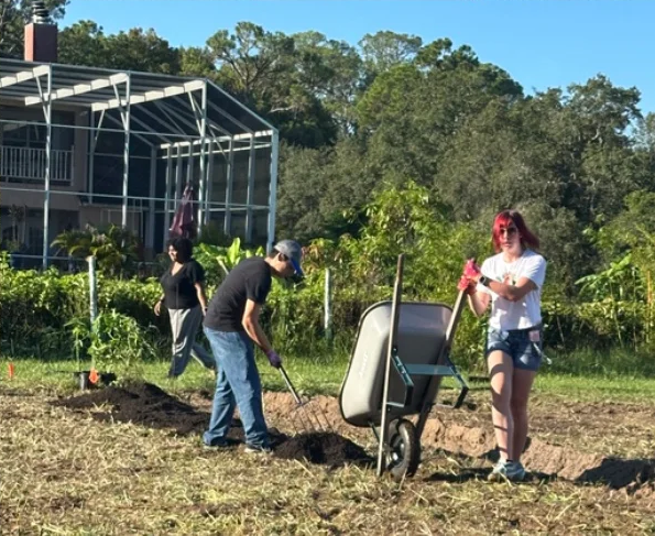 A four picture collage of students at the Growing Minds Farms farm preparing the land to grow their produce.